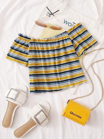 Off Shoulder Frill Trim Rib-knit Striped Top - takostyle