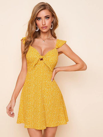 Knot Front Ruffle Trim Allover Print Dress - takostyle