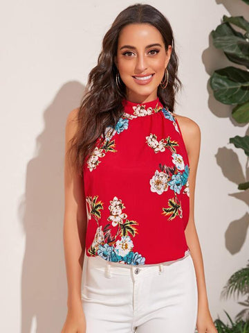Mock Neck Keyhole Back Floral Print Top - takostyle