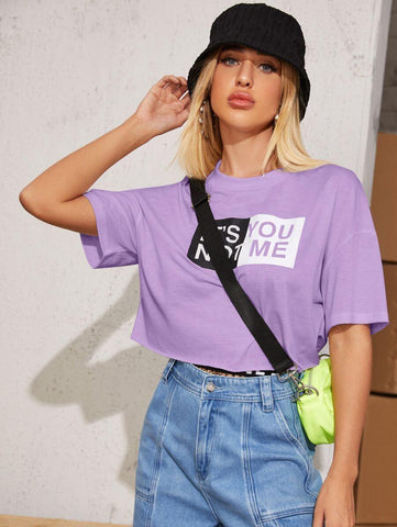 Drop Shoulder Slogan Graphic Crop Tee Without Bag - takostyle