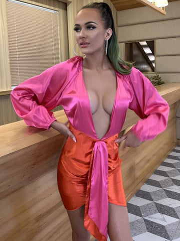 Joyfunear Plunging Neck Draped Color Block Satin Dress - takostyle