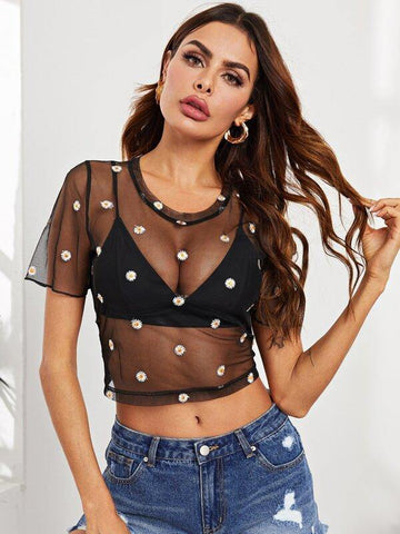 Daisy Embroidery Sheer Mesh Top - takostyle