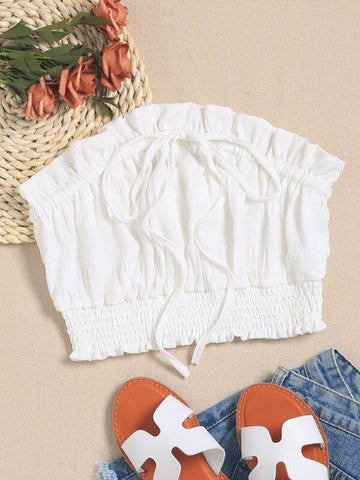 Frill Trim Drawstring Front Tube Top - takostyle