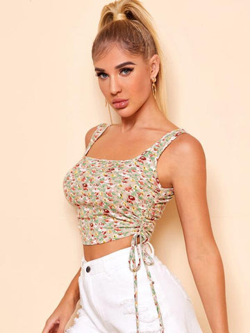 Drawstring Side Allover Floral Print Crop Tank Top - takostyle