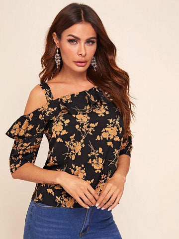 Asymmetrical Neck Ruffle Trim Floral Top - takostyle
