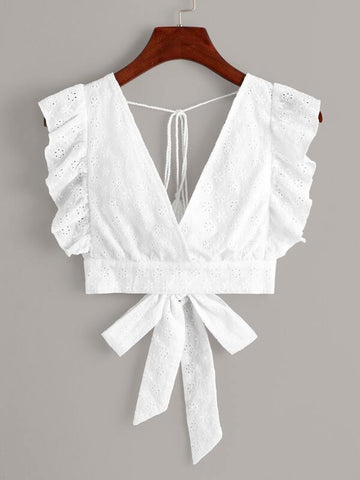 Eyelet Embroidery Tassel Tie Back Top - takostyle