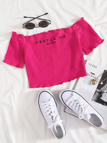 Off Shoulder Lettuce Trim Letter Graphic Rib-knit Top - takostyle