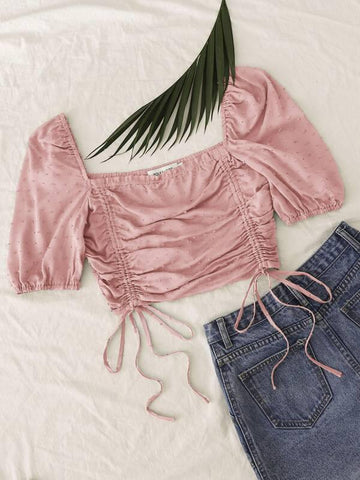 Drawstring Knot Ruched Swiss Dot Crop Top - takostyle