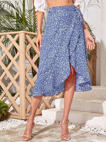 Ruffle Hem Wrap Knotted All Over Print Skirt - takostyle