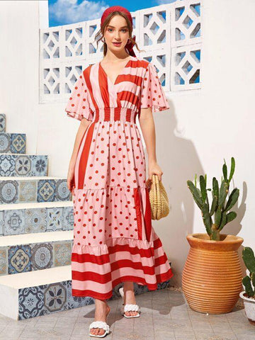 Polka Dot And Stripe Shirred Ruffle Hem Dress - takostyle