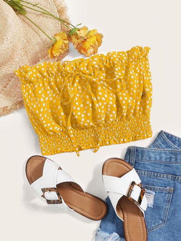 Frilled Tie Front Shirred Hem Ditsy Floral Tube Top - takostyle