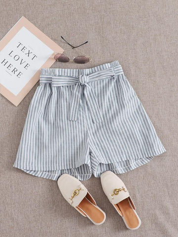 Striped Print Belted Wide Leg Shorts - takostyle