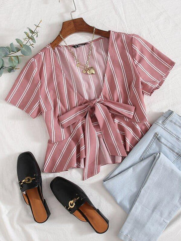 Tie Front Striped Peplum Crop Top - takostyle
