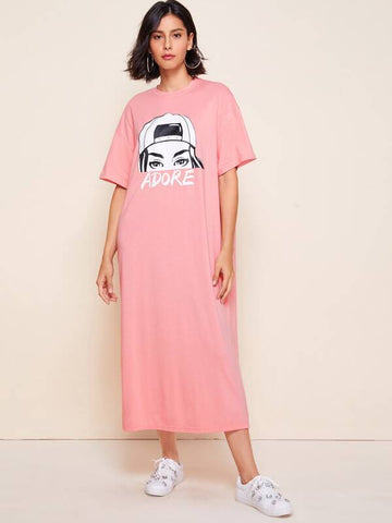 Drop Shoulder Letter &amp; Figure Graphic Dress