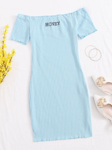 Off Shoulder Lettuce Trim Letter Graphic Bodycon Dress