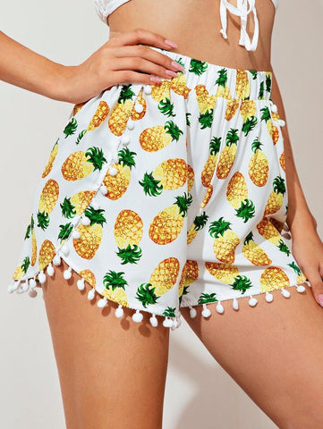 Pineapple Print Pompom Detail Shorts - takostyle