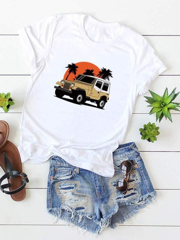 Car And Coconut Tree Print Tee - takostyle
