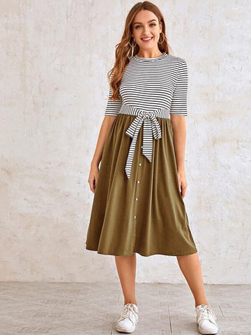 Tie Waist Button Front Combo Striped Dress - takostyle
