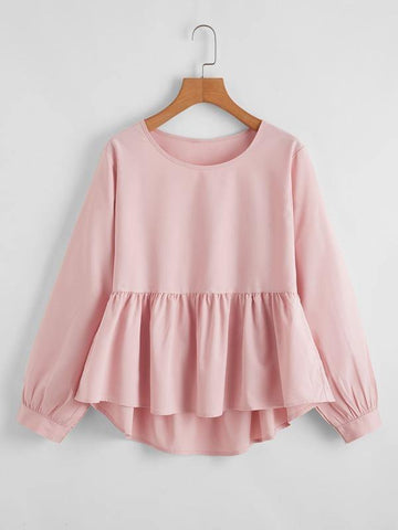 Solid Ruffle Hem High Low Peplum Blouse - takostyle