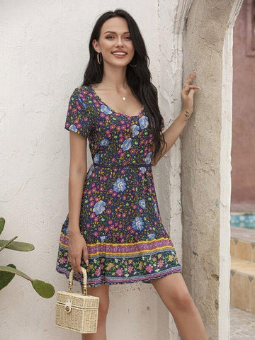 Floral &amp; Aztec Print A-line Dress - takostyle
