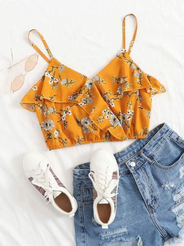 Floral Print Ruffle Trim Crop Cami Top - takostyle
