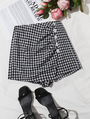 Buffalo Plaid Button Front Wrap Skort - takostyle