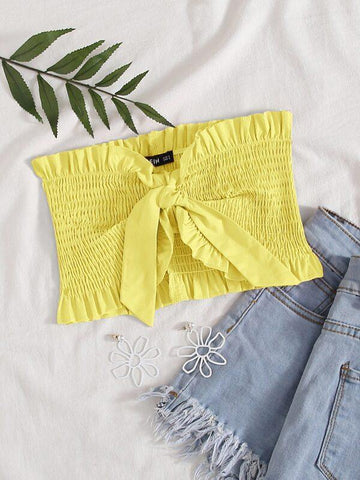 Frill Trim Tie Front Shirred Tube Top - takostyle