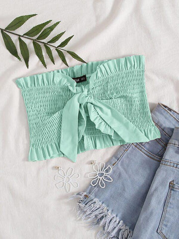 Frill Trim Tie Front Shirred Tube Top - takostyle