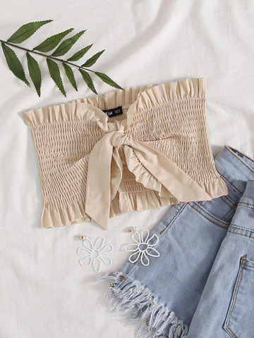 Frill Trim Tie Front Shirred Tube Top - takostyle