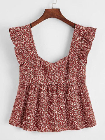 Ruffle Strap Allover Plant Print Peplum Top - takostyle