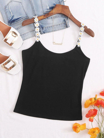 Guipure Lace Strap Rib-knit Cami Top - takostyle