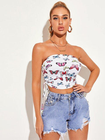 Drawstring Ruched Side Butterfly Print Tube Crop Top - takostyle