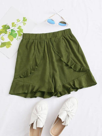 Ruffle Trim Elastic Waist Shorts - takostyle