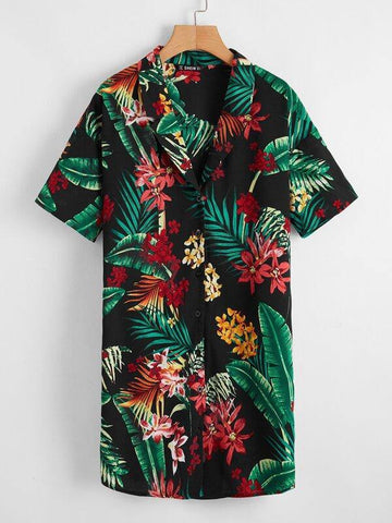 Tropical &amp; Floral Print Shirt Dress - takostyle