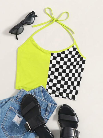 Checker Spliced Crop Halter Top - takostyle