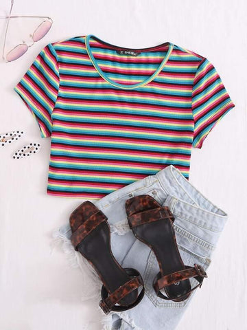 Rib-knit Colorful Striped Crop Top - takostyle