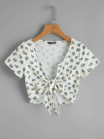 Floral Print Tie Front Waffle Knit Top - takostyle