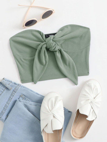 Tie Front Rib-knit Bustier Tube Top - takostyle