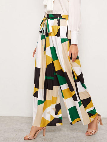 Wide Leg Belted Geo Print Pants - takostyle