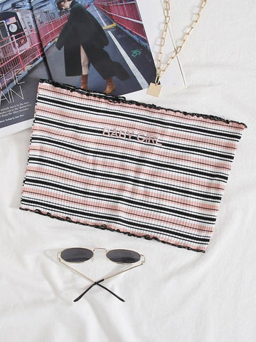 Striped Lettuce Trim Letter Embroidery Tube Top - takostyle