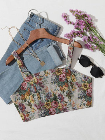 Zip Back Floral Jacquard Crop Cami Top - takostyle
