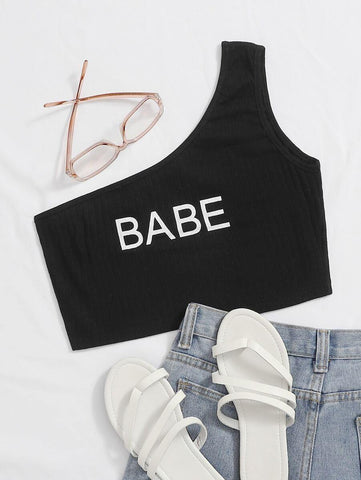 Letter Graphic One Shoulder Crop Top - takostyle