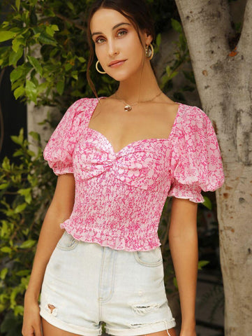 Twist Front Shirred Panel Puff Sleeve Milkmaid Top - takostyle