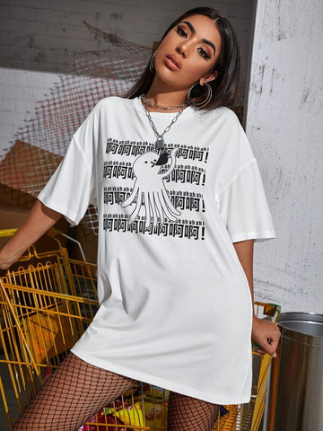 Drop Shoulder Letter &amp; Cartoon Graphic Tee Dress