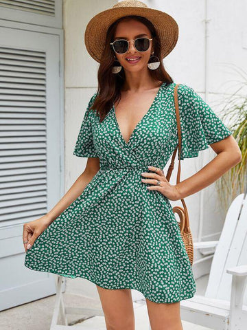 Flutter Sleeve Ditsy Floral Print Dress - takostyle