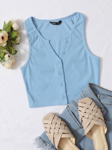 Button Up Rib-knit Crop Tank Top - takostyle
