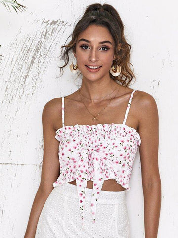 Frill Trim Tie Front Shirred Ditsy Floral Cami Top - takostyle