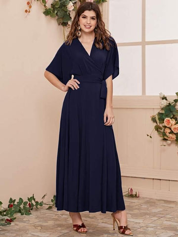 Surplice Neck Batwing Sleeve Belted Dress - takostyle