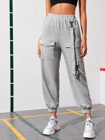 Flap Pocket Front Strap Detail Sweatpants - takostyle