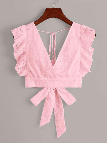 Solid Ruffle Trim Tie Back Schiffy Top - takostyle